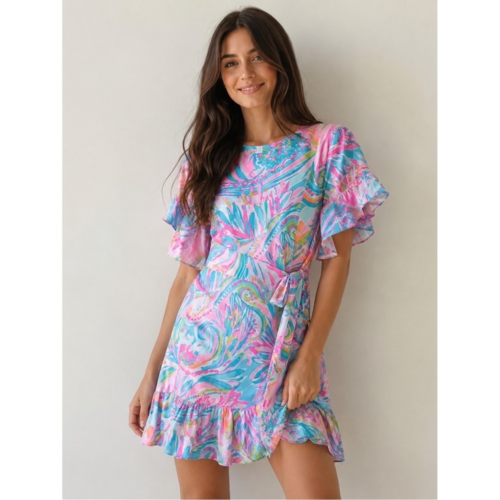Lilly Pulitzer Darlah Stretch Wrap Dress Size 8 Carnival Coral Ruffle Sleeve NWT